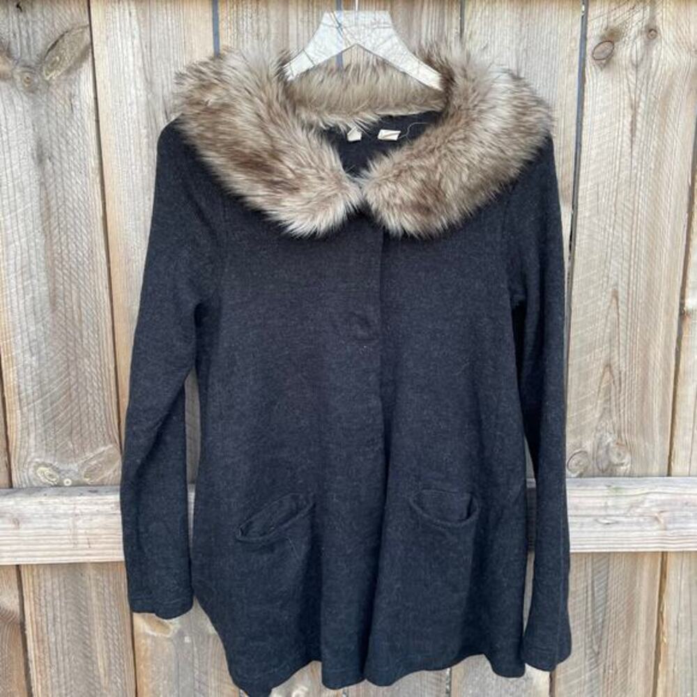 Anthropologie Moth Button Down Faux Fur Sweater Tunic Cardigan Gray Small